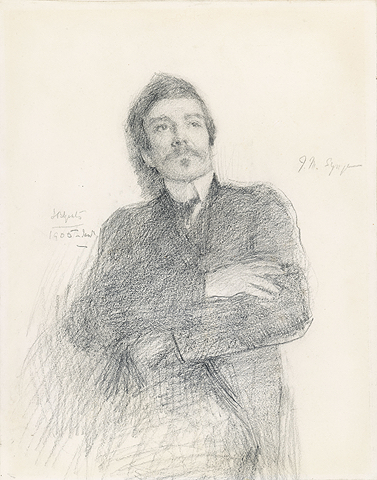 This is a pencil portrait of John Millington Synge. His body can be seen from his hips to his head. He appears to be standing behind a chair, with crossed arms resting on the back. He is gazing up and to the right in the image. He is dressed in a dark suit jacket, collared shirt, and bow tie. He has short dark hair and short to mid-length sideburns. Synge wears a moustache with a soul patch, now known as a Doc Holliday style (which is a variation of the Van Dyke style). The moustache is just longer than the length of Synge’s mouth and follows down to the corners of his mouth.