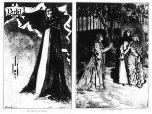 Image is of two separate works. Work on left depicts a full-length character in ¾ face wearing a floor-length cloak. Two decorative ribbons hover in the background, with the word Becket on one. Work on right depicts three full-length characters in medieval clothing, with forest and building in background. Two of the characters appear to fight for control of a knife.