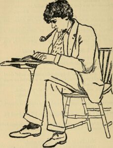 This is a portrait drawing of Bliss Carman drawn from life. Carman’s figure is left facing in a sitting position on a Windsor chair. His left leg is crossed over his right as he rests his left arm on his top leg while writing with his right hand. He is facing his head towards a book that he is writing in and which lies on a small single leg desk pulled closely to his body. He has a straight pipe (perhaps bulldog style) in his mouth. He is dressed in a suit jacket, pants with a cuffed hem, a collared shirt, and wide patterned necktie. No vest is visible. He is wearing dark socks and plain toe oxford style dress shoes. He has short dark hair with short sideburns and no facial hair.