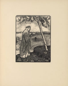 The illustration is black and white, in portrait orientation, and is centered on the page. In the foreground, a young girl with light long hair stands on a grassy hillside meadow. She is positioned in three-quarter profile facing right. She is wearing a garland on her head made from daisies and a heavy floral-patterned robe. At the young girl’s feet are eight flowers. To her right is a small raised plateau with two clumps of flowers and a single tree, which leans left toward the girl. The leaves of the tree spread across the upper portion of the illustration. In the background are hills, a few buildings with chimneys, and forests in the distance. A dark figure with a hat, likely a farmer or shepherd, is depicted on the hill directly behind and below the young girl. He stands with his right hand on his brow and his left down beside him carrying a stick or perhaps a staff. The figure also appears to be surrounded by moving objects (possibly sheep or cattle). The illustration is marked with a small circle with two vertical lines and one horizontal line.