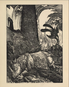 The illustration is black and white, in portrait orientation, and is centered on the page. A large rhinoceros-type creature with scales, ornaments and decorative fabrics on its body, and three tusks on its head (Behemoth) occupies the extreme foreground of the illustration. It is stretched out over a sward of grass, flowers, and branches, and with its forehoof, is holding down the body of a dead peacock (or possibly a phoenix/ firebird?). The Behemoth itself also appears to be dying. Behind the rhinoceros, in the left middle-ground of the illustration, is a group of trees in front of a parapet which appears to be connected to a tall tower. A woman with dark hair draped down to her feet, dressed in a dark robe, stands on the parapet holding an unidentifiable object (likely head or box it is contained in). White castle walls are visible behind the woman. In the right background, there are towering flames and smoke clouds. They swirl inwards toward the right. Descending from the fire is a large dark-feathered bird (possibly a phoenix). The artist’s initials “RS” are engraved in caps in the bottom right corner of the image.