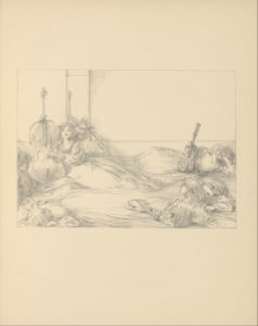 The soft brown/grey image is in portrait orientation and is centered on the page. The image depicts a group of seven women in various poses. In the left foreground, a woman is lying down on her back with her arms bent and tucked behind her head. The woman beside her is sitting upright in profile with her legs crossed, holding a flute in her left hand. The woman behind her is sitting upright, facing forward, and is playing a cello or viol. In the right foreground, two women lie on their stomachs with their upper bodies propped up, facing the woman playing the cello. One of them holds a flute. There is a violin in front of them. To their right, a woman is lying on her side, facing forward, also with her head propped up with her left hand. She holds a viola with her right hand and rests it upright against her hips. In the background behind the women there is a wall with a mirror on a door.