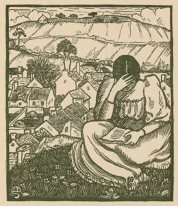 The black-and-white woodcut is centred on the page within a heavy black rectangular border. In the foreground is a dark-haired woman seated on a hill, reading. She holds a book in her lap with her left hand while her right hand supports her forehead as she looks down upon the page. She’s wearing a plain dress with a ruffled collar and puffed sleeves. She’s seated upon a grassy knoll scattered with flowers. Behind and below the figure is a rural village made up of small buildings with white walls and dark rooftops with chimneys. In the background, beyond the village, is a terraced hill occasionally interspersed with trees and clouds behind. On the furthest hill sits a solitary barn.
