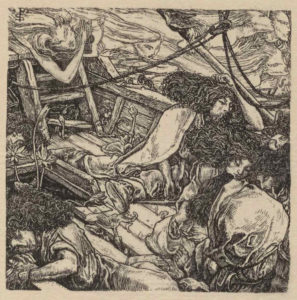 The unframed black-and-white rectangular drawing, reproduced by line-block engraving by Walker & Boutall, is shown in portrait orientation. It illustrates Tennyson’s poem “The Lotos Eaters.” The image depicts a close-up view of a ship inside which Odysseus and his men lie in a trance, lotus flowers growing out of the hold, with sirens surrounding them. At the top of the image, in the background, a group of five sirens loom over the ship; their hair and bodies are stretched and curved, giving the appearance of ocean waves. The siren at the top left of the image lies on the top deck of the ship, playing a small harp. In the ship, six robed men with long, curly hair lie sleeping. Several of them lean on the sides of the ship on the right middle and foreground, and another lies in the left foreground, his face turned towards the viewer. The head of another sleeping figure is visible in the left middleground. In the extreme right foreground, facing away from the viewer, Odysseus is lashed to the ship’s mast, wrapped in canvas and ropes.. In the top left corner are stylized initials, or the artist’s monogram; The line of the capital “R” extends down and is crossed by an “S.”