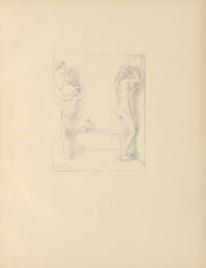 The lithograph, rendered in soft grey tones, is printed in portrait orientation, in a thin-lined rectangular border. The image depicts two naked women in a compressed bathroom. Emerging from the extreme left, a woman faces right, her face in profile, holding a towel in her arms. To her right, her shadow is faintly visible along the wall and floor. She looks towards a woman on the right side of the image. This woman also faces right, looking in a mirror hung on the wall, arms raised to pin up her hair. Her face is turned away from the viewer, and her shadow is cast upon the wall in front of her. Behind the figures is a low bath with a basin and ewer.