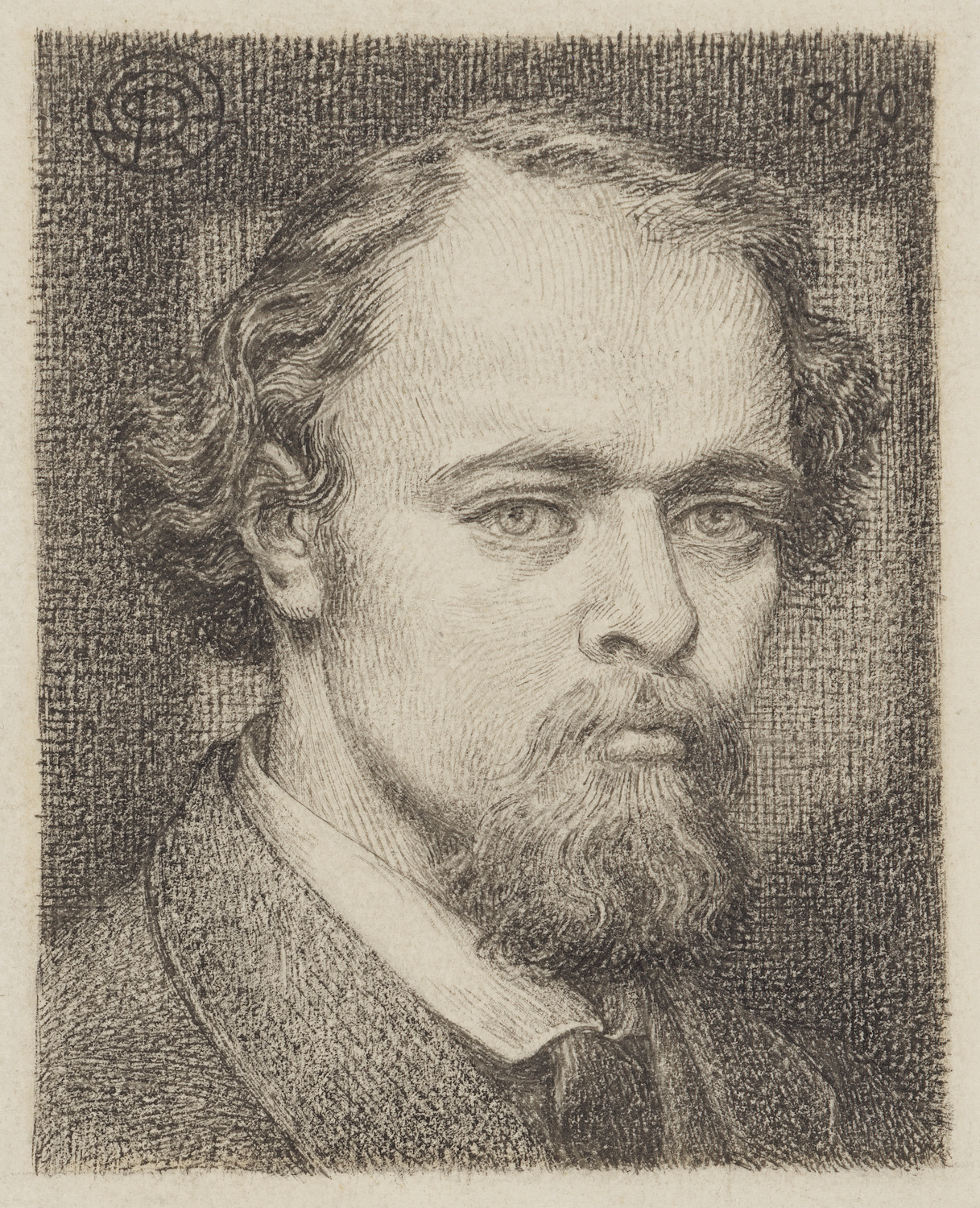 The black-and-white self-portrait shows the artist in middle age, in a head-and shoulders close-up. He is positioned in three-quarters view, eyes facing the viewer. He is wearing a jacket, collar, and tie. He has a beard and moustache, a receding hairline, and wavy hair brushed back behind his ears. The background is created by dark cross-hatched lines, with a lightened box, like a window, positioned just behind the figure’s head. The artist’s monogram, DGR, is in the upper left corner and the date, 1870, is written in the upper right.