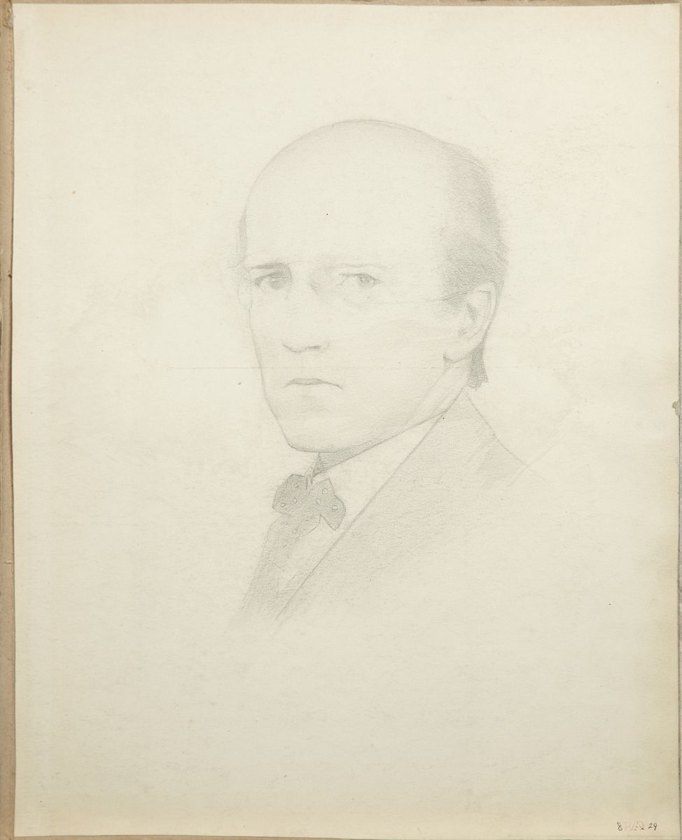 This is a self-portrait pencil drawing of John Duncan. The image shows Duncan’s head and shoulders. Duncan’s body is facing toward the left side of the image and his face is turned towards the centre. He is wearing a lapel suit and collared shirt with a polka dot bow tie. Duncan is bald with short hair around the sides of his head to the nape of his neck. He may be wearing thin framed or wire rimmed glasses but as the picture is faded it is difficult to determine.