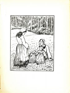 Image is of three females sitting outdoors in a grassy field. All three females are wearing light dresses with aprons and bonnets. The oldest woman (grandmother?) is sitting in the grass, she is lying towards the right of the image and resting on her arm. The young child is standing just in front of her, holding a flower. The other female (mother?) is standing to the side, turned away from the front of the image and is looking at the child. There is a forest in the background. The engraver’s signature “Hare Sc” is in the lower-left corner. The artist’s signature is in the lower-right corner. The image is vertically displayed with a thin black line bounding box.