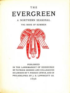 Centered at the top of the page is the title and subtitle, all in caps, arranged over four lines: “The / Evergreen / A Northern Seasonal /The Book of Summer.” Centered below this text, in reddish-orange coloured ink, is a decorative ornament in the shape of an angel. The angel is symmetrical and is holding pan pipes, with one pipe in either hand. The angel’s face is rendered with simple lines and the gaze is directed forward. The angel is wearing a long diamond checkered cloak with a white robe and pleated skirts visible underneath. The angel’s feet are visible beneath the inner skirts, with toes pointed downward. The angel has long sleeves that extend slightly below the feet. These sleeves are patterned with dots; they are curved up at the bottom. Two large stylized wings extend from each of the angel’s shoulders. The ornament is displayed in a portrait orientation with no border. Below the ornament, and centered at the bottom of the page, the publishing information appears over 6 lines, centred, and in all caps: “Published / in the Lawnmarket of Edinburgh / by Patrick Geddes and Colleagues / in London by T. Fisher Unwin, and in / Philadelphia by J. B. Lippincott Co. /1896.”