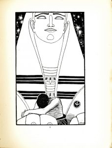 Image is of a figure who is hunched over with his head down and his arm resting on the paw of a giant sphinx who towers over him. The sphinx’s face and headdress take up the majority of the picture space. The sphinx’s gaze is directed into the distance. Its eyes have no pupils and its nose eyebrows mouth ears and chin are drawn with clean simple lines. A pattern of six thick black lines decorate the bottom of the sphinx’s headdress. The figure beneath the sphinx has dark hair The figures hands are clasped together in front of him. His chest is bare but a garment is visible around his waist Behind the sphinx exaggeratedly large stars are visible in the night sky. The artists mark can be found on the lower right side of the image and the engraver’s signature Hare Sc is visible below it in the bottom right corner. Under the poem’s title on the previous page there is an epigraph from the book of Job which reads “As the waters fail from the sea and the flood decyeth and drieth up So Man lieth down and riseth not Till the heavens be no more”