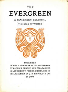 Centered at the top of the page is the title and subtitle all in caps arranged over four lines The "Evergreen A Northern Seasonal The Book of Winter". Centered below this text in reddish orange colored ink is an ornament in the shape of a human face surrounded by a decorative pattern. The face is rendered with simple lines the eyebrows connect to the nose with the mouth underneath The two eyes are also simply outlined with visible lids. Four thick lines surround the face appearing to represent hair. These lines cross over each other under the chin and form two loops at the bottom of the ornament. Where the lines cross over there is a checkered pattern. In the place where the lines loop back up they connect to a decorative pattern that loosely resembles two wings at either side of the face. The ornament is displayed in a portrait orientation with no border. Below the ornament and centered at the bottom of the page the publishing information appears over 6 lines centred and in all caps. Published in the Lawnmarket of Edinburgh by Patrick Geddes and Colleagues in London by T Fisher Unwin and in Philadelphia by J B Lippincott Co 1896 7.