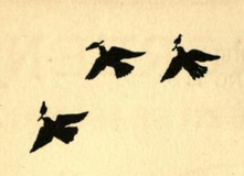 silhouettes of three flying birds, each with a leaf in its beak