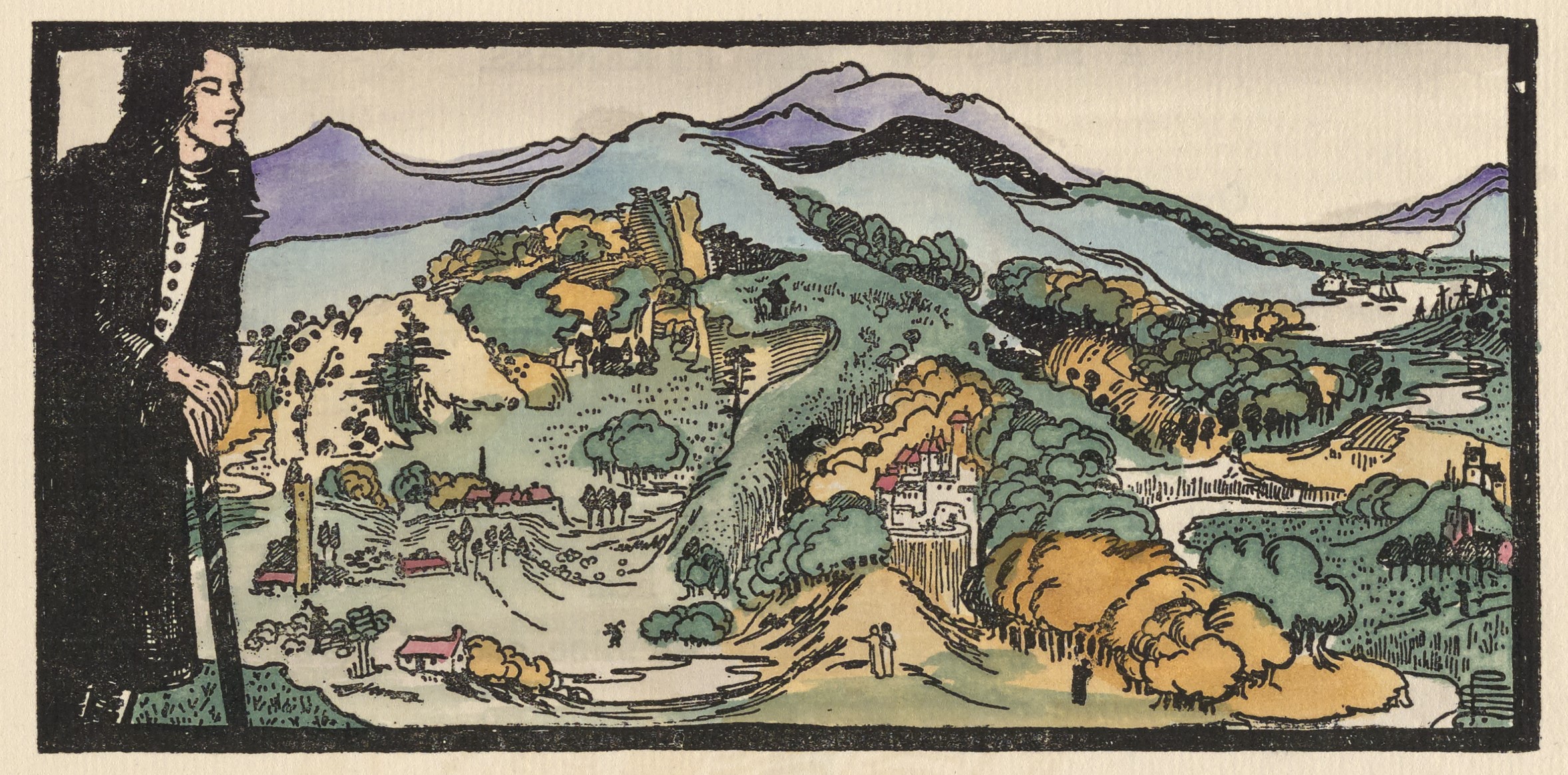 The hand-coloured headpiece illustration features a landscape and is framed in a thick black rectangle. On the left side of the image, a man leans into the frame, depicted in ¾ profile. He wears a long black coat with a white waistcoat visible underneath, and leans on a walking stick, overlooking a hilly landscape below him.. Hills and trees are rendered in shades of green, blue, purple, and ochre, while a white castle and several small farmhouses are topped with red roofs. To the right, a river with sailboats is visible. Small human figures dot the landscape throughout. At the bottom right of the frame is the artist’s monogram.