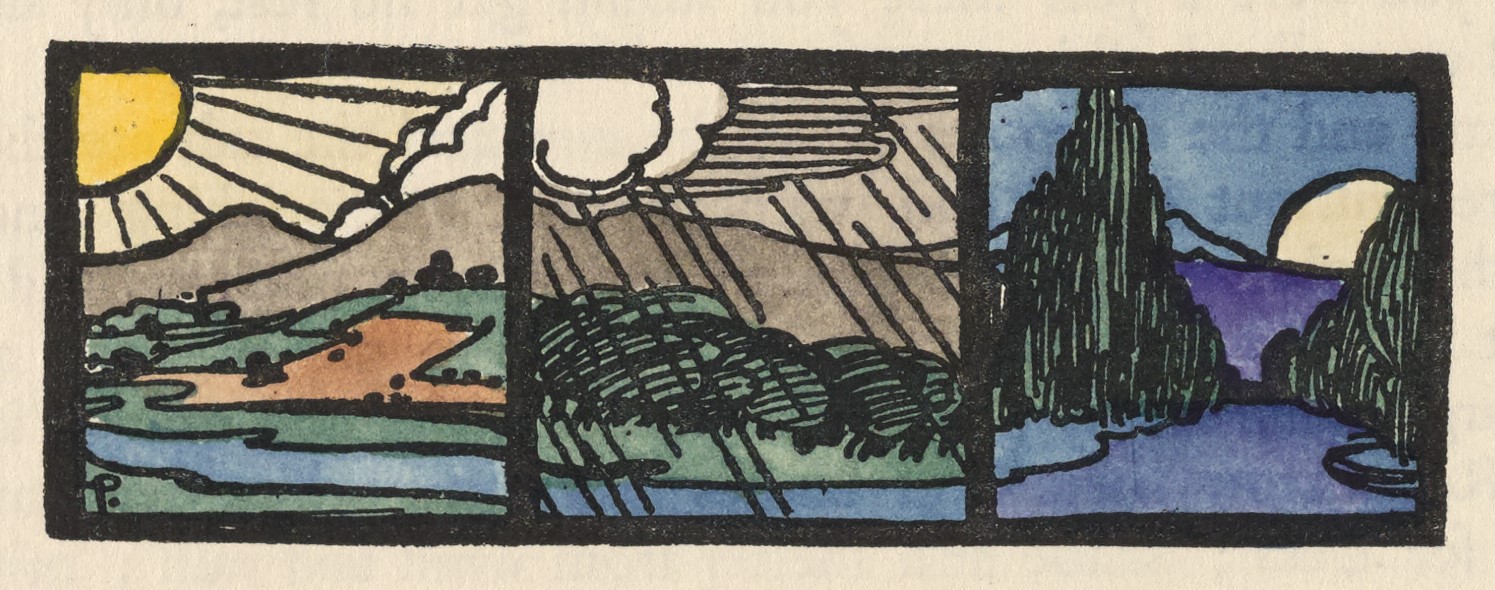 This hand-coloured triptych consists of three images, side-by-side horizontally, framed with a thick black line. The image depicts a singular landscape, divided into thirds. The leftmost section is sunny, the centre is rainy, and the rightmost is in nightfall. The left section contains a hilly landscape. The sun is partially in frame in the top left corner and its beams extend along the background of the image, behind mountain crests and clouds. In the foreground, a blue river spans the image. Behind it, red and green land dotted with bushes and plants extends up to grey-coloured mountains. In the centre section, the hilly landscape continues, but this section is dominated by rainclouds along the top of the frame. Rain, represented by vertical lines, falls diagonally from the upper left to the bottom right corner. In the middle-ground of this section, a forest rendered in black ink outlines the landscape between the river and mountains. In the rightmost section, the third part of the landscape is depicted in moonlight. This section is coloured in shades of purple and blue. The river that spanned the first two image sections horizontally turns in this section, retreating between two mountains into the horizon. From between two mountains, a white moon is partially visible against a deep blue sky.