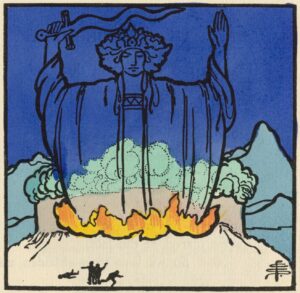 This hand-coloured half-page illustration is centered above the second page of the story’s text. It is outlined in a thick black rectangular border, in portrait orientation. At the centre of the image is the giant head and upper body of a blue figure, wearing an elaborate headdress and holding a flaming sword above its head. The figure emerges from a cluster of orange flames, which erupt from a snowy mountain. Below, three tiny black human figures gesture over the body of a fourth figure. Behind, turquoise mountains rise up amidst a deep blue sky. The artist’s monogram is in the bottom right corner.