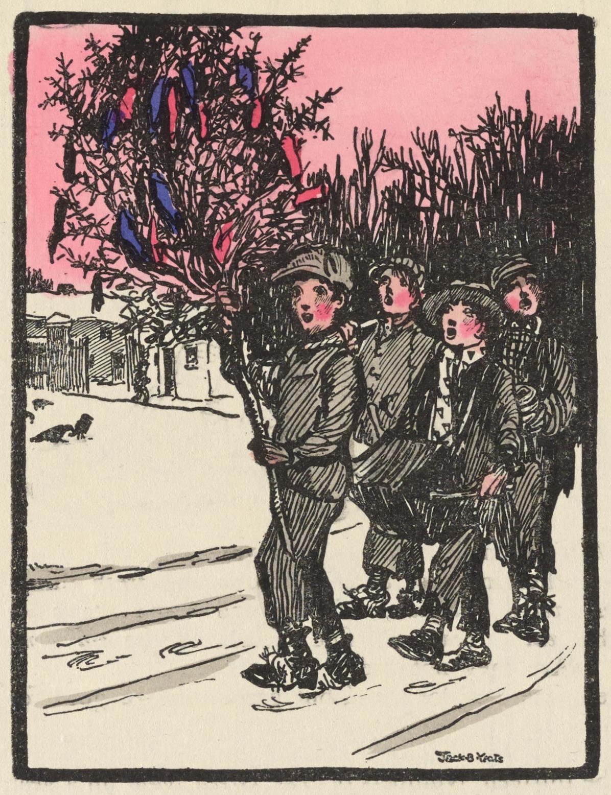 This hand-coloured illustration is centered above the poem’s text, occupying two-third of the page. It’s outlined in a thick black rectangular border, in portrait orientation. Four pale-skinned boys with rosy cheeks walk in the snow, singing. The foremost boy holds a tree branch decorated with red and blue cloths or ribbons; another plays the accordion or concertina. In the background are several white houses, black trees, and black birds. The sky is coloured pink. The artist’s signature is in the bottom right of the frame.