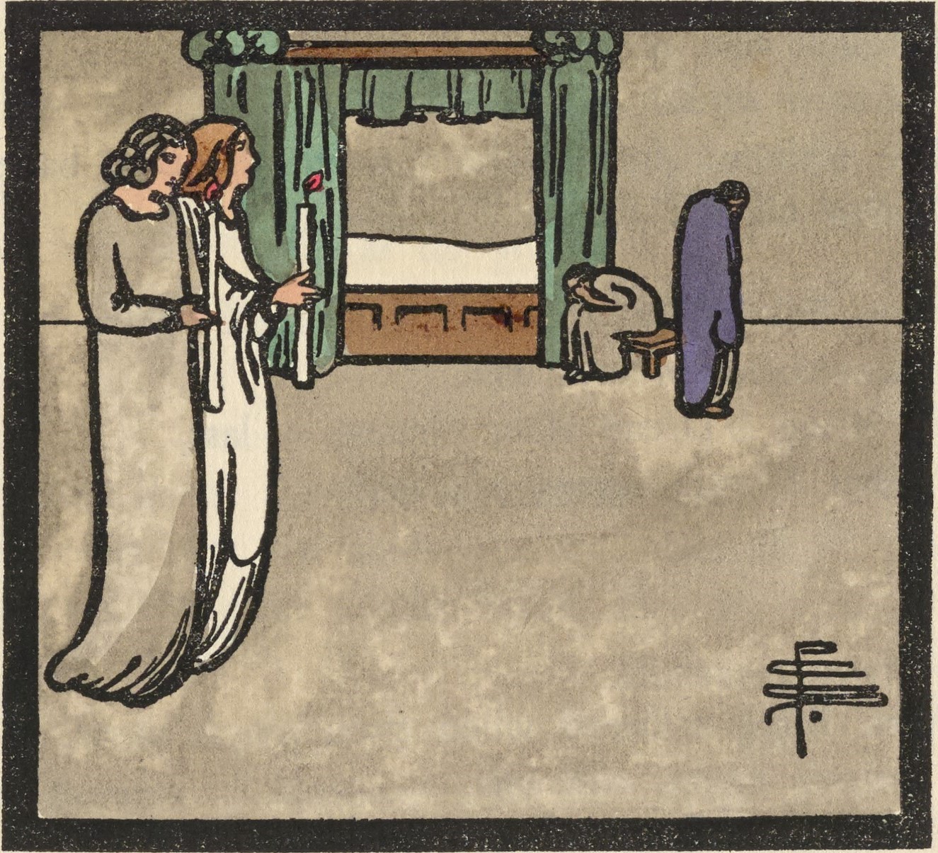 This hand-coloured half-page illustration is outlined in a thick, black square frame, centered above the text of “A Lyke-Wake Dirge.” In the left foreground, two pale-skinned figures, one in gray with black hair, one in white with golden hair, each carrying a lit candle, enter a gray-toned room. In the background of the room is a green-canopied bed with white sheets. A grey figure sits on a stool beside the bed, hunched over. To the right, a purple robed figure walks away from the bed. The artist’s monogram is in the bottom right.