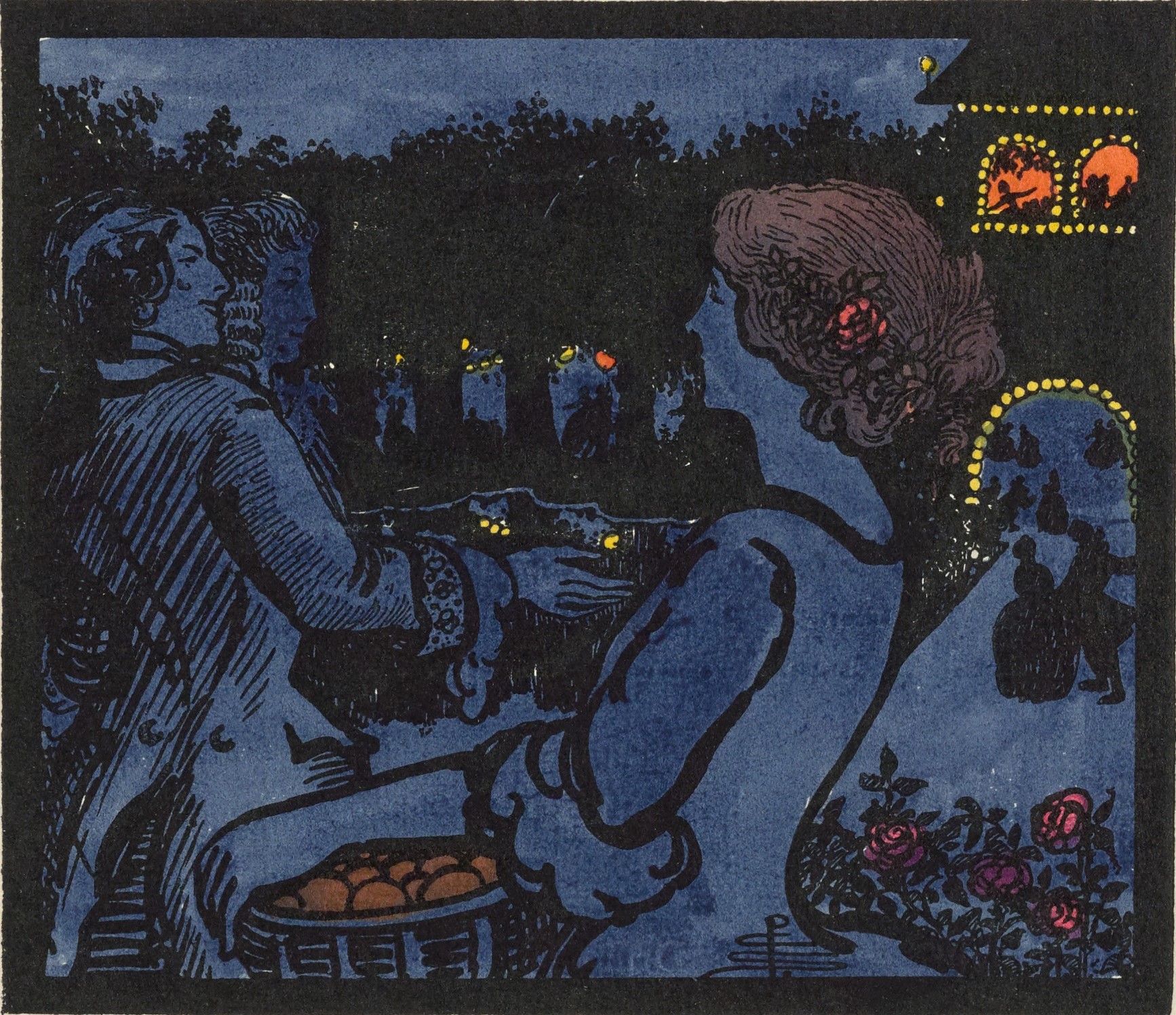 The hand-coloured half-page illustration has a thick, black square border, and is centered on the page above the text of the poem “The Town.” The image depicts a night scene in shades of deep blue and black, highlighted by small yellow and orange lights and red and orange fruits and flowers. In the centre foreground, a woman stands in profile, facing left, carrying a basket of oranges, a rose in her upswept brown hair. Behind her, two gentlemen in 18th-century dress walk toward the right, conversing. Behind them is a building, arcade, and grove, filled with people silhouetted in black. In the building, which rises on the right background of the image, silhouetted people are visible in a brightly lit orange window. In the right foreground, a briar of red roses is visible. The artist’s monogram is in the centre bottom of the image, in the woman’s skirt.