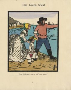 The hand-coloured full-page illustration has a black rectangular border, in portrait orientation. The image illustrates Barbauld’s “Charles at the Seaside,” from earlier in the volume. In the foreground, three figures stand in profile, facing right, upon a golden beach by the blue sea. From left to right: a pale-skinned woman in a dotted white dress with green ribbons wears a yellow sunbonnet with green ribbons which reveals her pink curls; a pale-skinned little boy in a yellow sun hat, white dress, and black buckled shoes carries a red pail and spade; and a pale-skinned fisherman in a black sou’wester hat, with long sideburns, red shirt, blue trousers, and black boots, his arm raised to point at something out of frame. Behind them are white cliffs, sailing ships, and a purple sky. The artist’s monogram is in the bottom right corner of the frame.