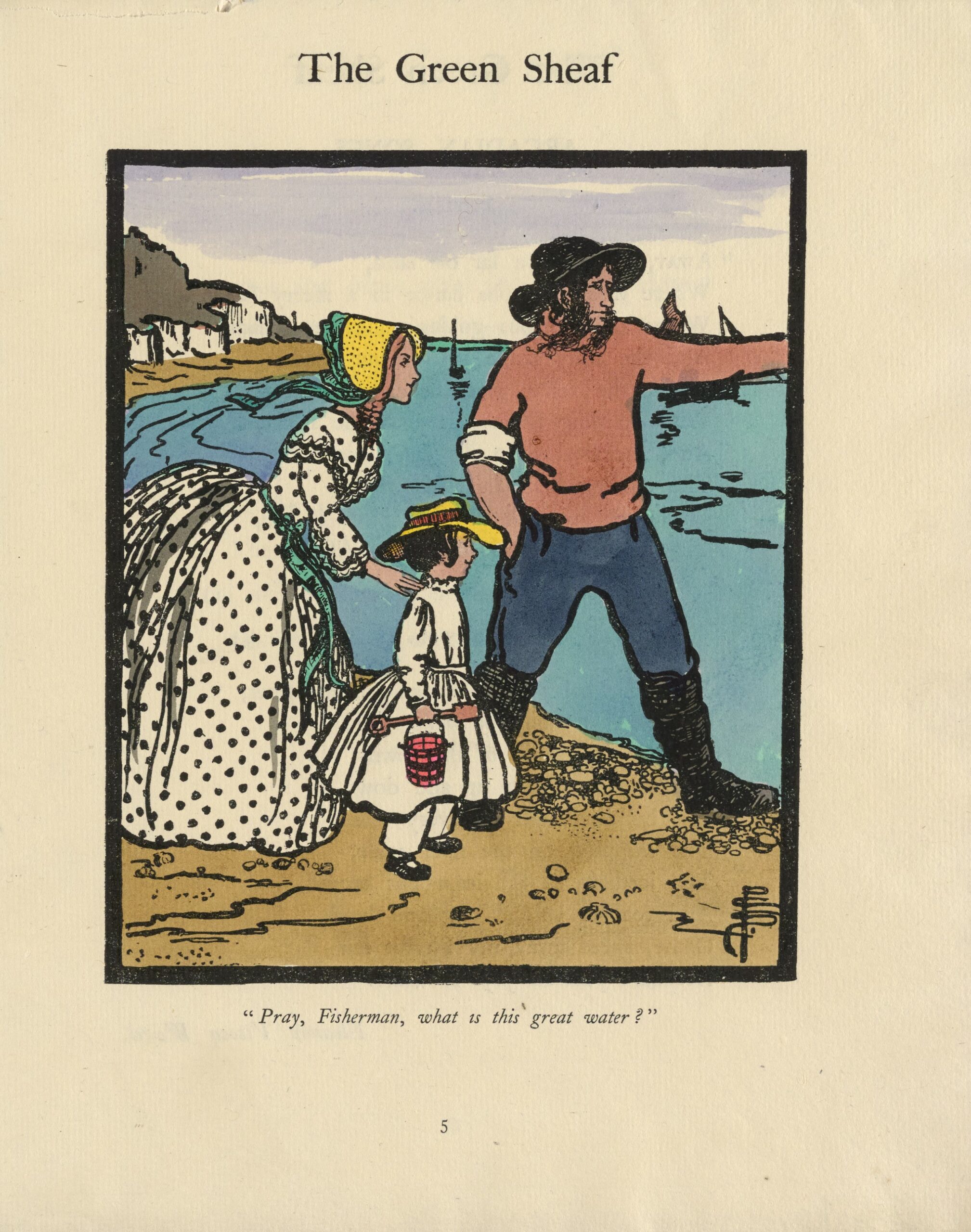 The hand-coloured full-page illustration has a black rectangular border, in portrait orientation. The image illustrates Barbauld’s “Charles at the Seaside,” from earlier in the volume. In the foreground, three figures stand in profile, facing right, upon a golden beach by the blue sea. From left to right: a pale-skinned woman in a dotted white dress with green ribbons wears a yellow sunbonnet with green ribbons which reveals her pink curls; a pale-skinned little boy in a yellow sun hat, white dress, and black buckled shoes carries a red pail and spade; and a pale-skinned fisherman in a black sou’wester hat, with long sideburns, red shirt, blue trousers, and black boots, his arm raised to point at something out of frame. Behind them are white cliffs, sailing ships, and a purple sky. The artist’s monogram is in the bottom right corner of the frame.
