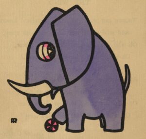 The unframed coloured half-page illustration is centred on its page above the text. A purple elephant with pink eyes stands in profile, facing left, playing with a pink and black ball. The artist’s monogram is to the left. Below the image is printed “Alfred's aunt, / Mostly slant; / Playing at ball / That is all!”
