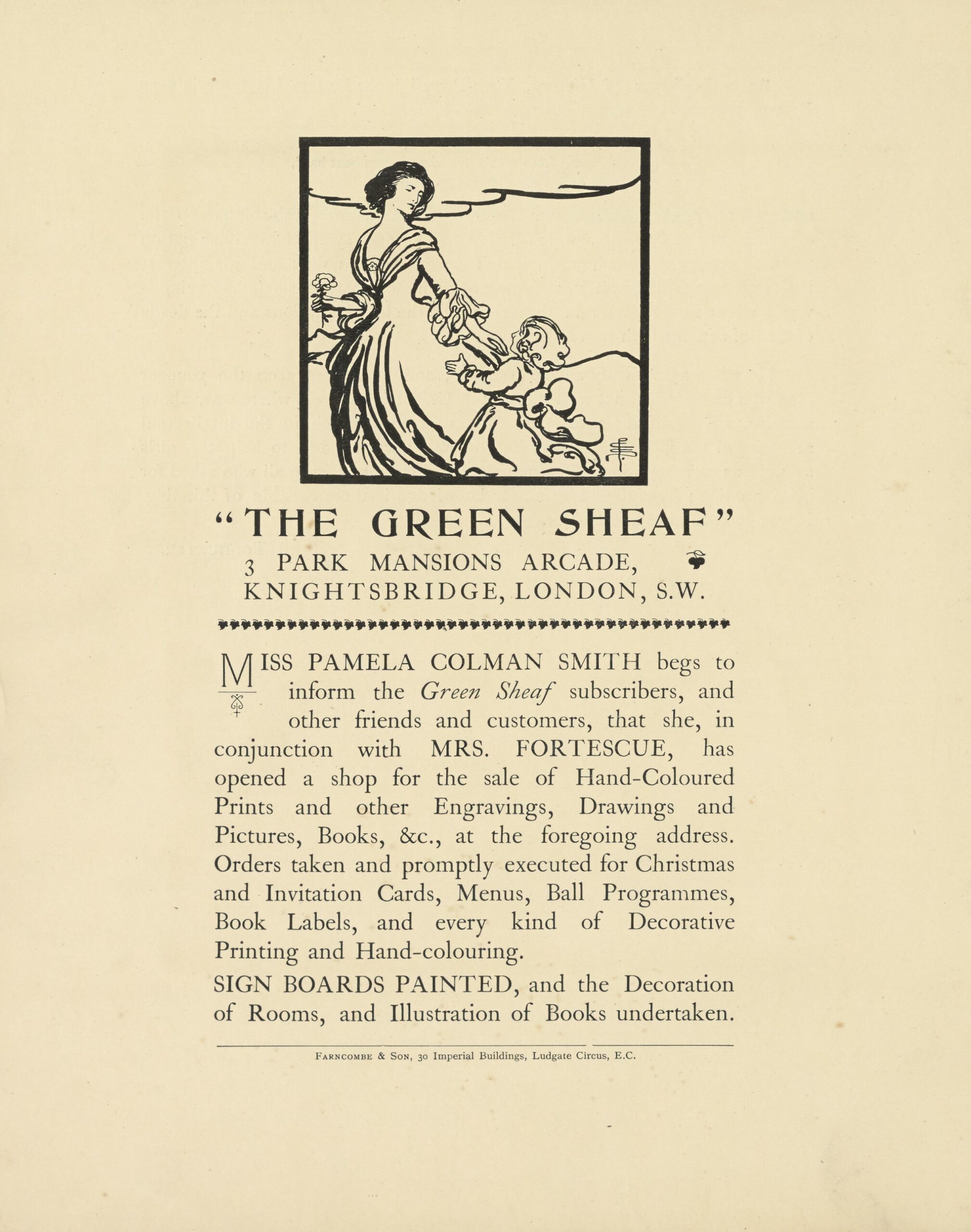 The pen-and-ink illustrated advertisement is outlined with a thick black rectangular border, in portrait orientation, centered above the text of the advertisement. In the left foreground, a woman walks to the left, with her arm outstretched and face turned back to look toward a young child. The dark-haired woman wears a long flowing gown and shawl, and holds a rose in her right hand. The child, facing toward the woman and away from the viewer, has light hair, wears a long white dress with a bow tied at the back, and reaches its arms up toward the woman. In the background are mountains and a cloudy sky. The artist’s monogram is in the bottom right corner of the frame.