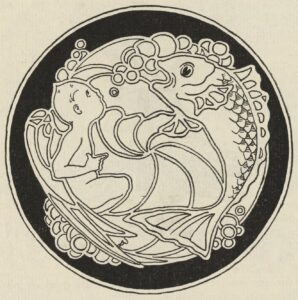 This pen-and-ink half-page illustration is outlined with a thin circular border, centered on the page above the poem’s text. The image is in a circular medallion shape, with a black background and white lines. The circle encloses a design of a baby and a fish, underwater. On the left of the image, the naked winged baby blows bubbles upward towards the fish. On the right, the fish swims upward, against a shell background. Several more bubbles surround the inner design.