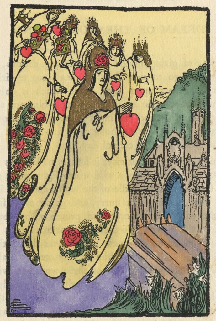 This illustration accompanies a poem by the artist. It’s centered above the poem, occupying approximately two-thirds of the page. The full-colour image is bordered with a thick black rectangular frame and is displayed in portrait orientation. On the left side of the image, nine yellow-robed figures float into the frame, facing right. The figures carry red hearts on delicate chains, and wear golden headdresses adorned with red apples and roses. Some of their robes are decorated with red roses with green leaves. The robed figures float above a purple ground towards the right foreground of the image, where white lilies grow in front of an effigy of two figures, which have only their feet and legs visible. Behind is a large grey church with a blue door. In the background is a green hill and a yellow sky, the same colour as the robed figures. In the bottom left corner, the artist’s monogram is visible.