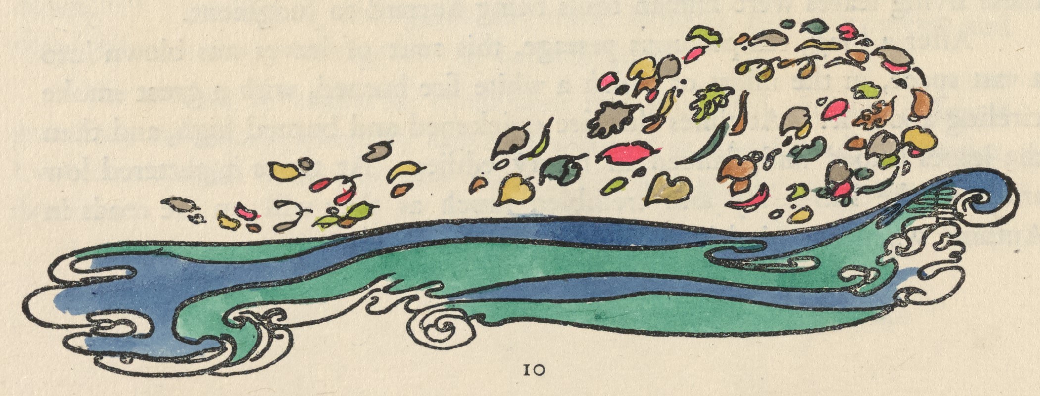 This coloured illustration is a tailpiece to John Masefield’s “Jan A Dreams.” It comes at the end of the text, centered on the page, unframed. In the image, coloured leaves are tossed in the wind over blue and green crested waves. Both leaves and waves are outlined in black. The artist’s monogram is visible beneath the crest of the topmost wave, on the right side of the image.