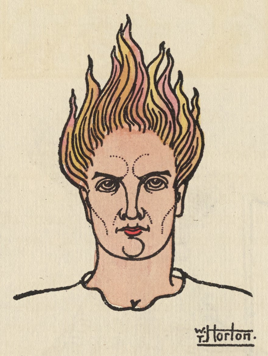 The hand-coloured illustration is an unframed half-page illustration for an excerpt from William Blake’s “A Vision of the Last Judgement.” The image is centered horizontally on the page. It depicts the head and shoulders of a pale-skinned man with hair made of flames. He faces the viewer, eyes open wide. His hair rises up vertically, in orange and yellow flames. The artist’s signature is at the bottom right of the image.