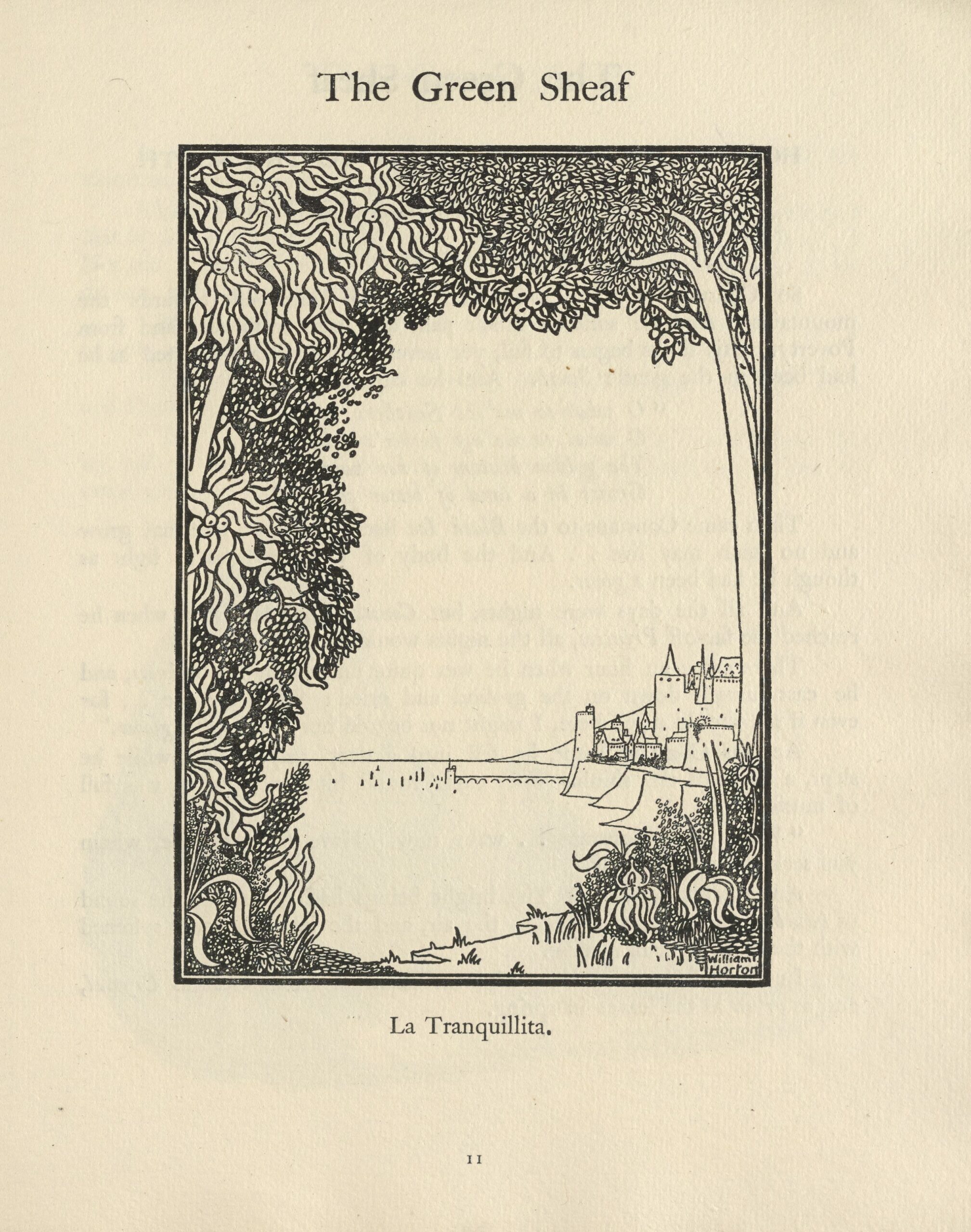This black-and-white image is centered on the page, with a double-lined black rectangular border, in portrait orientation. Trees on either side of the frame in the extreme foreground meet to form an arched border of leaves and berries. At the bottom of the frame, flowers bank against a body of water. Out in the water, miniscule ships surround a pier, which extends to the right of the frame to meet a large bank, upon which rests a tower, several houses, and a castle. The artist’s signature is in the bottom right corner of the frame.