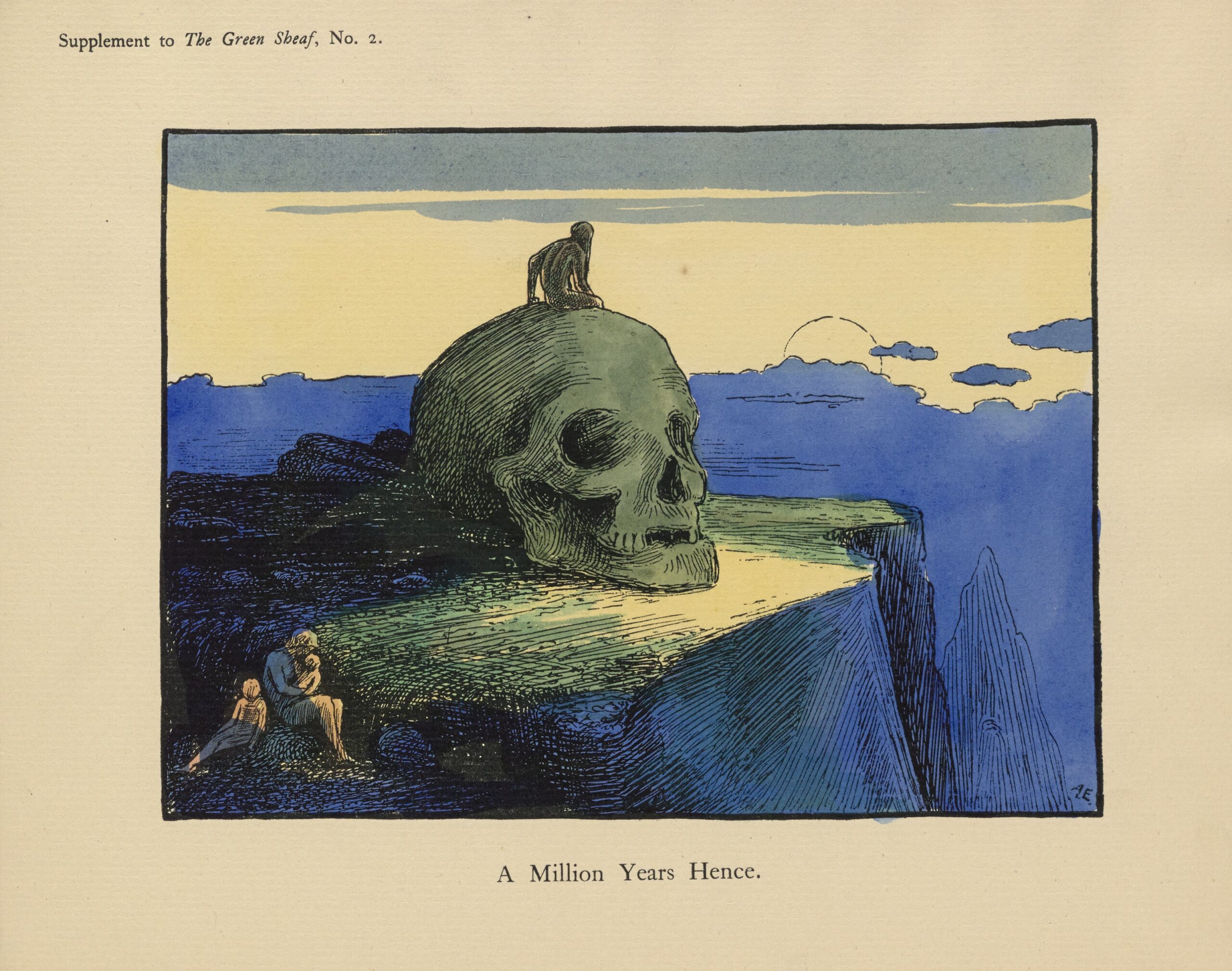 This stand-alone image is printed on heavy card stock and centered on the page, set in a black-lined rectangular frame. At the centre of the image, a naked man sits atop a large skull, facing away from the viewer, overlooking a cliff edge. The man and skull are coloured with the same shade of sickly, darkened green. The skull is missing several front teeth, and casts a dark shadow on the left side of the image plane behind it. In the right foreground, a single sunbeam illuminates three more figures coloured in pale red: a woman holding an infant, and a child sitting beside her. Beyond the cliff edge, shadowed blue clouds occupy the background, and the faint outline of the sun is visible partially behind a cloud.