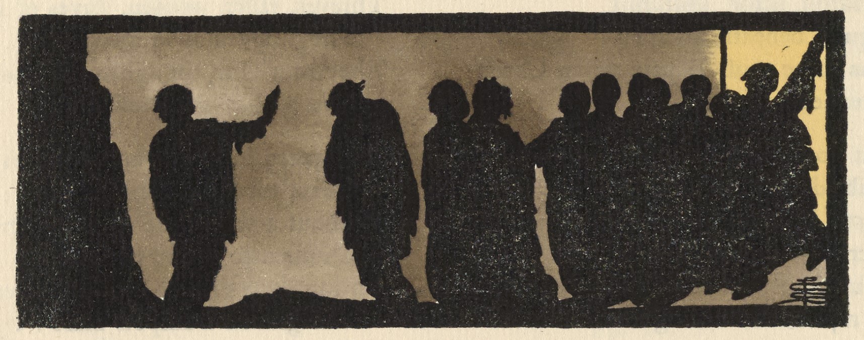 The image is centered on the page, separating the poem “A Ballad of a Night Refuge” from the next poem, “A Pagan Rhyme.” It is outlined in a rectangular black border, in landscape orientation. Against a light brown backdrop, several men are depicted in silhouette. The image illustrates a scene from “A Ballad of a Night Refuge” in which a “mad cripple” addresses a group of men. The “cripple” stands at the left of the image, facing the men on the right. On the far right, several military men descend steps into the room. The artist’s monogram is in the bottom right corner of the frame.