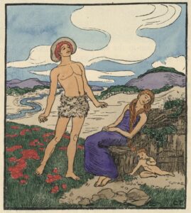 The image is centered below the text of the poem it illustrates, “Cornelion and Amethyst.” The image is outlined in a black, rectangular border, in portrait orientation. In the foreground of an idyllic hilly landscape are three pale-skinned figures: Cornelian, Amethyst, and the infant Born-of-Sorrow. Cornelian stands on the left, in full figure, and is naked except for skins that cover his loins and a broad-rimmed hat. He stands atop green grass scattered with red poppies, gaze fixed upward. At centre right, purple-robed Amethyst semi-reclines on a rock, her eyes closed, and her head tilted back. Her long golden hair streams down to her waist. Below her, the naked Born-of-Sorrow picks flowers. In the background, a river retreats into the horizon amid purple hills topped with green forests. White clouds swirl against a light blue sky. The artist’s monogram is in the bottom right corner of the frame.