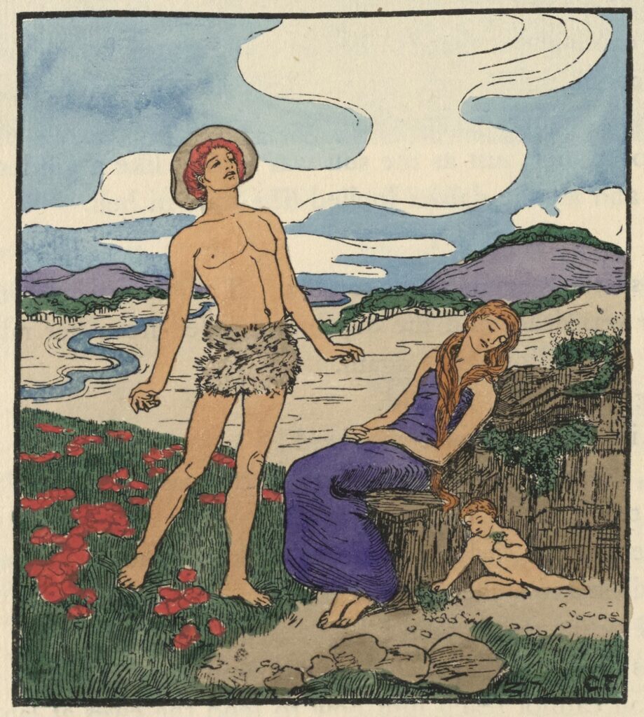 The image is centered below the text of the poem it illustrates, “Cornelion and Amethyst.” The image is outlined in a black, rectangular border, in portrait orientation. In the foreground of an idyllic hilly landscape are three pale-skinned figures: Cornelian, Amethyst, and the infant Born-of-Sorrow. Cornelian stands on the left, in full figure, and is naked except for skins that cover his loins and a broad-rimmed hat. He stands atop green grass scattered with red poppies, gaze fixed upward. At centre right, purple-robed Amethyst semi-reclines on a rock, her eyes closed, and her head tilted back. Her long golden hair streams down to her waist. Below her, the naked Born-of-Sorrow picks flowers. In the background, a river retreats into the horizon amid purple hills topped with green forests. White clouds swirl against a light blue sky. The artist’s monogram is in the bottom right corner of the frame.