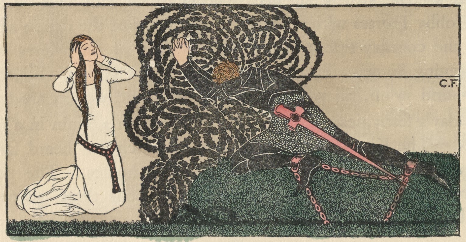 The hand-coloured tailpiece is centered on the page, below the text of the poem. The image is framed with a rectangular black border, horizontally oriented. The image depicts two figures separated by tangled black brambles. On the left, a pale woman kneels, holding her hands to her ears, her eyes closed. She wears a long, white medieval dress with a brown belt, and her hair is long and brown. On the right, a knight kneels forward on a green hill toward the brambles, his hands outstretched in prayer. His legs, stretched behind him, are shackled in red chains and manacles. He wears black armour and has a red sword at his hip. A line of green grass stretches across the bottom border of the frame. The register is slightly off, and the green bleeds a bit outside the frame along the bottom of the image. The artist’s monogram is at the mid right edge of the image.