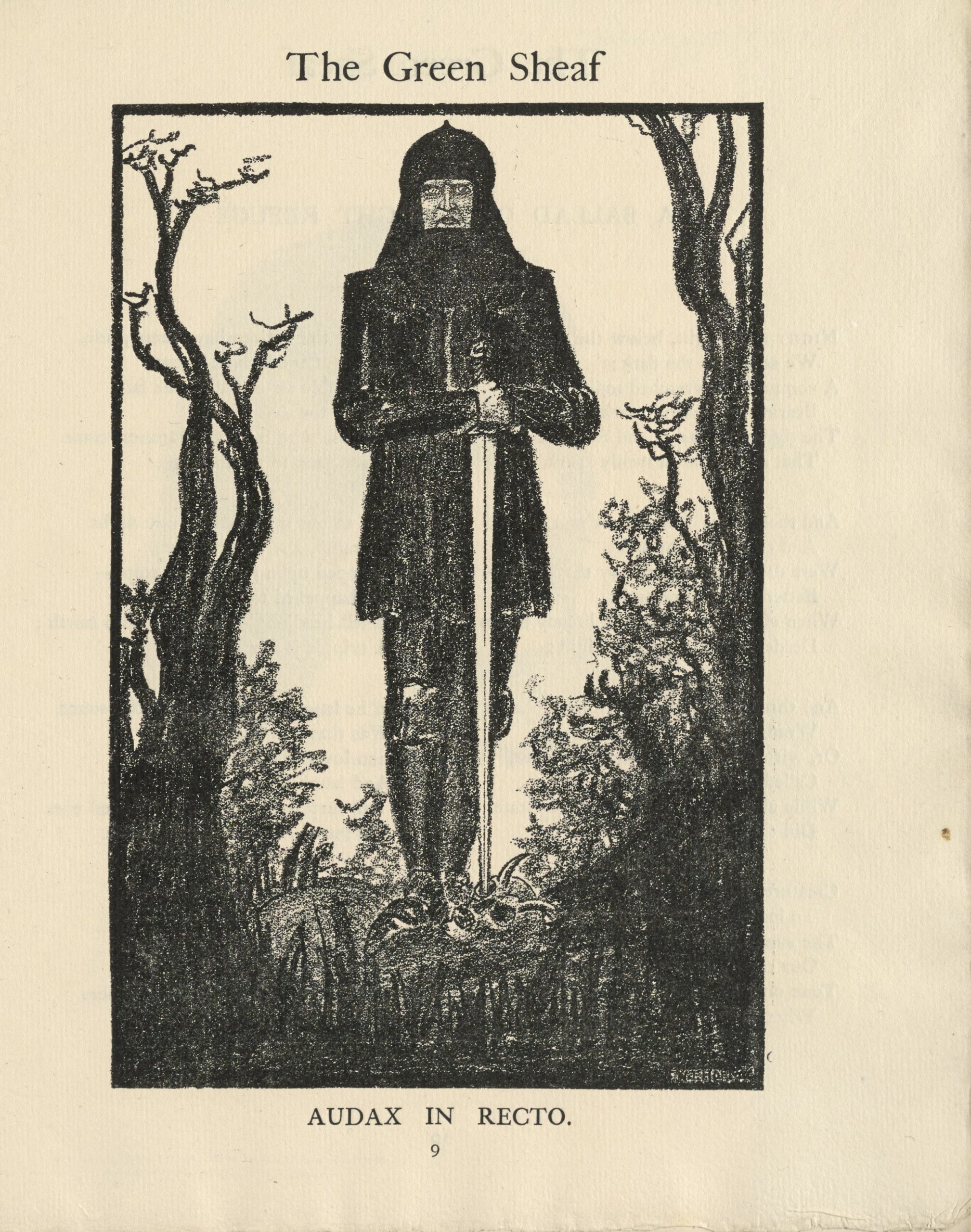 This half-tone reproduction is centered on the page, outlined in a black rectangular frame, in portrait orientation. The image, rendered in black, depicts an armoured knight, facing toward the viewer. He holds a sword whose blade pierces the eye socket of a horned skull which lies at his feet. He is surrounded by black trees, branches, and brambles. The artist’s monogram, partially obscured, is in the bottom right corner. The image’s title is printed below the image: “AUDAX IN RECTO” [i.e, the Stewart Family Motto: Bold in the Right].