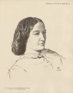The image is centered on the page, unframed, printed in black ink. It consists of a woman in ¾ profile, facing right, from the shoulders up. The woman’s face and hair are depicted in great detail, while her shoulders are rendered in a looser, less detailed style. Her dark hair is tucked up behind her neck, and she wears a collared top with buttons. The artist’s monogram, DGR, and date, Nov. 1858, is located below the sketch at bottom right.
