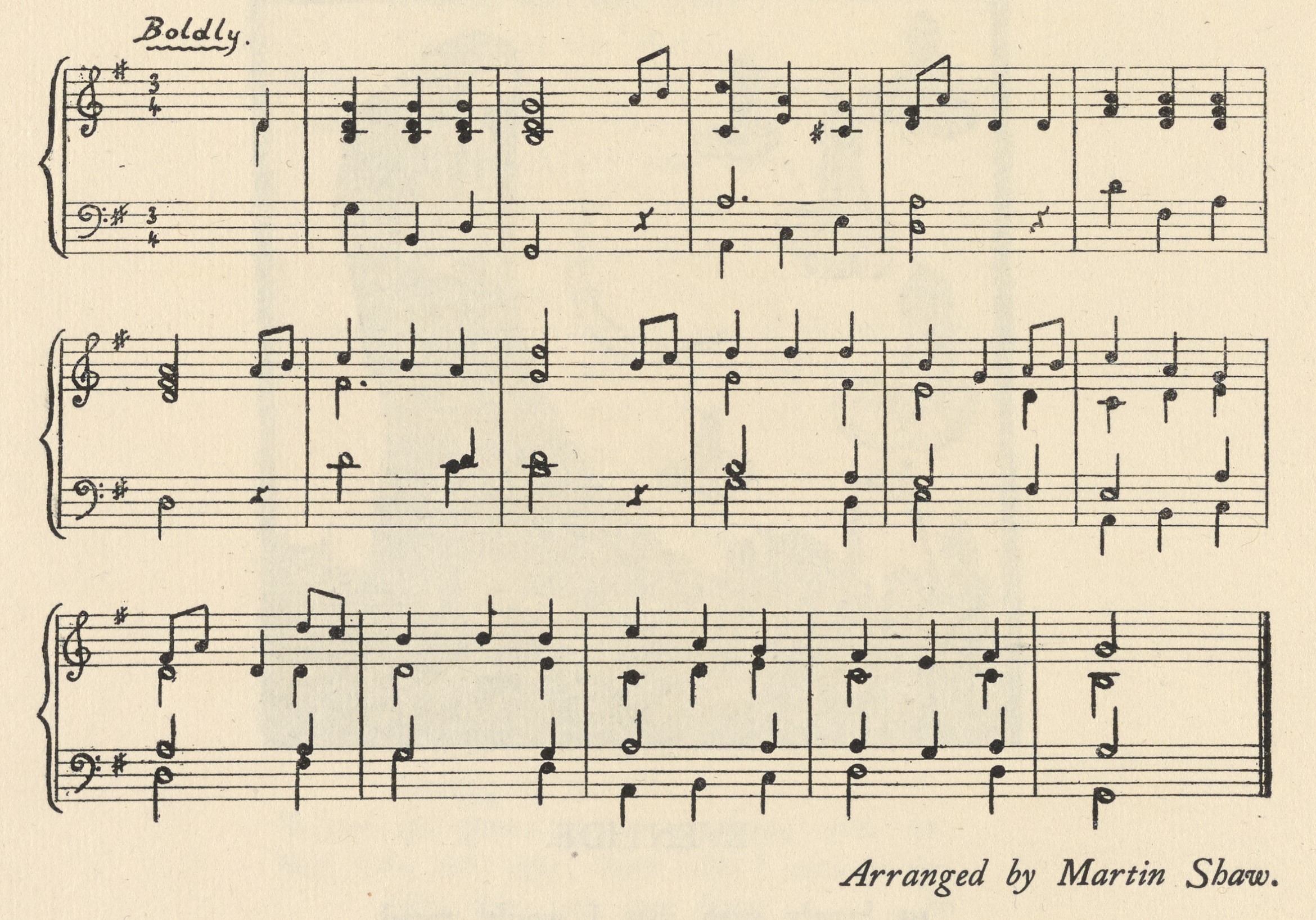 The sheet music consists of three staves of musical notation for the song “Spanish Ladies.” Above the music, the title is printed, centered on the page. Below the music, “Arranged by Martin Shaw.” is printed in italics. The music is in ¾ time, with an F sharp key signature, and is to be played “Boldly.”