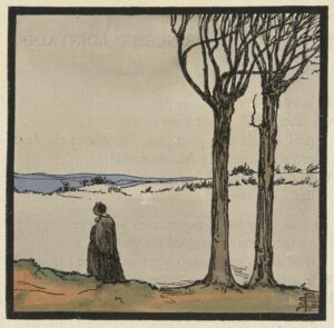 This headpiece is centered above the text of the poem, in a framed rectangle positioned in landscape orientation. Rendered in black ink, the image depicts a small figure standing in a landscape. The figure is in profile, facing right, looking over a body of water. The water is surrounded by trees and plants; the figure stands among tall grasses, below a large tree. The artist’s monogram is in the bottom left corner of the frame.