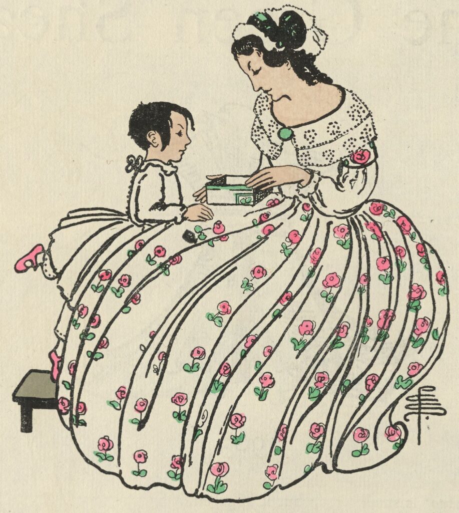 The unframed hand-coloured illustration occupies 2/3 of the page and is centered above the Barbauld excerpt it illustrates. The image depicts a seated woman in ¾ profile, with black ringlets and a white mob cap with a green ribbon, wearing a white dress covered in pink flowers and green leaves. She holds an open box on her lap, which she shows to a young, black-haired boy in white. He stands tiptoe on a stool in pink shoes, in profile, facing the woman, partially hidden behind her voluminous skirts. The artist’s monogram is in the bottom right of the image, just below the woman’s skirt.