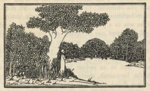 This headpiece is centered above the text of the poem, in a framed rectangle positioned in landscape orientation. Rendered in black ink, the image depicts a small figure standing in a landscape. The figure is in profile, facing right, looking over a body of water. The water is surrounded by trees and plants; the figure stands among tall grasses, below a large tree. The artist’s monogram is in the bottom left corner of the frame.
