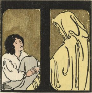 Coloured historiated Initial letter T forms a boxed window through which viewer looks to see a robed figure in profile, addressing a young person sitting up in bed. PCS monogram.