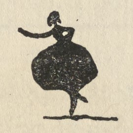 A small female dancer in silhouette spins on one leg and reaches out to the left.