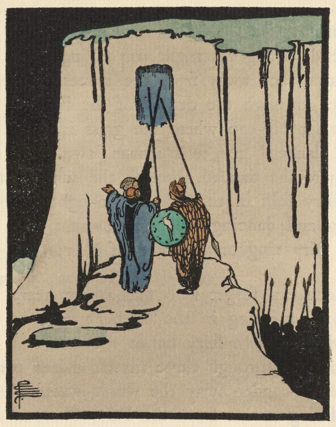 This half-page illustration interrupts the text of “Cael and Credhe,” and is centred on the top half of the last (3rd) page of the story, above the text. The black-bordered rectangular image in portrait orientation shows Cael and Finn standing before the locked hill home of the Sidhe, tapping on the blue window with their spears. Both figures have their backs to the viewer, and wear winged helmets; Cael is in blue robes while Finn wears a brown cloak and holds a green shield with a white crane emblazoned on it. They stand on a beige rocky outcrop, a silhouetted army below them. The artist’s monogram is in the bottom left corner of the image.