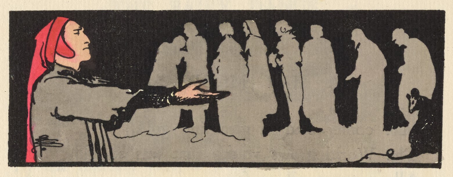 This coloured headpiece, outlined in a black rectangular border, is positioned in landscape orientation above the text. In the left foreground, Henry Irving in the character of Dante, depicted from the waist up, stands in profile on a stage, facing right. He wears brown robes and a red hat with a cloth extension down his back. His outstretched arms extend toward a rat in the right foreground. The rat’s body faces away from the viewer, with its neck turned back to look toward the man. Behind and between them is a row of silhouetted male and female actors in various costumes, coloured brown against a black background. The artist’s monogram is in the bottom right corner of the frame.