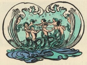 This unframed hand-coloured image is centered on the page above the text of Campion’s poem. In it, seven tritons dance in a ring, carrying tridents, their hair and scaled fins coloured in green. They dance against a backdrop of waves, which rise from the water at the bottom of the image to crest at the top of the image, creating a frame that surrounds them. On either side, two more tritons, half-hidden by the waves, peer into frame to watch the dance. The artist’s monogram is at the bottom left of the image
