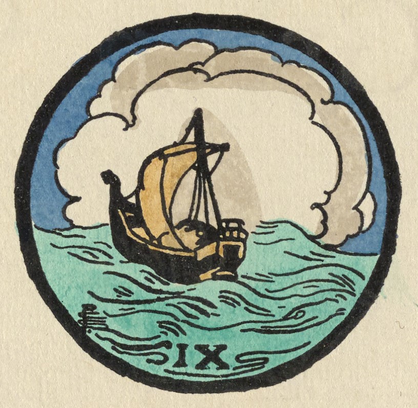 The hand-coloured illustration is centered above the text, in a circular black frame. In it, a ship sails on a green sea. The ship and its billowing sails are coloured a pale yellow. Behind the ship, enormous white clouds are set against a blue sky. At the bottom of the image is the number “IX.” The artist’s monogram is at the bottom left of the frame.