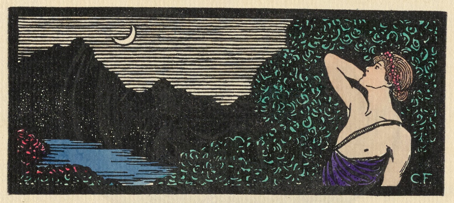 This full-colour image is centred above the text, outlined with a thick black rectangular border, in landscape orientation. In the right foreground, a white figure in a purple robe faces left in ¾ profile, leaning back to gaze at the waning crescent moon, at left. The figure stands in front of a green thicket, with their long hair pulled into a bun at their nape and wearing a crown made of pink flowers. To the left, a white crescent moon shines above a landscape of mountains, trees, a blue lake, and green bushes topped with red flowers. The artist’s monogram is in the bottom right corner of the frame.