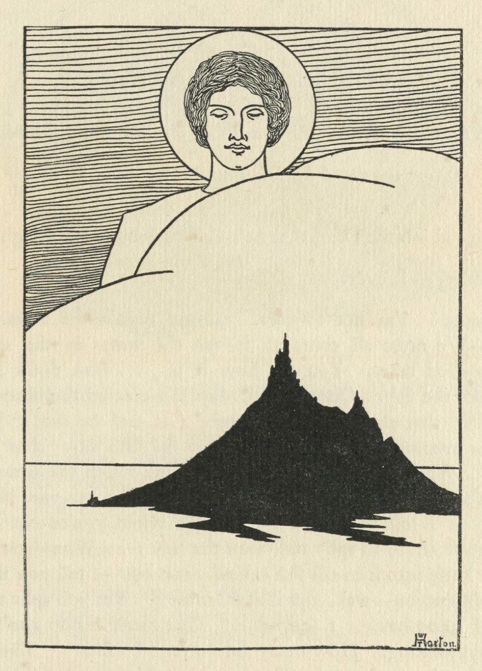 This pen and ink drawing, outlined by a thin black rectangular frame, is centered on the page above the text, in portrait orientation. At the top of the page, a large figure, facing the viewer, gazes down on the scene from behind clouds. The figure has short hair, and their head is outlined with a circular halo. Below them, a silhouetted island floats upon the sea. The artist’s monogram is in the bottom right corner of the frame.
